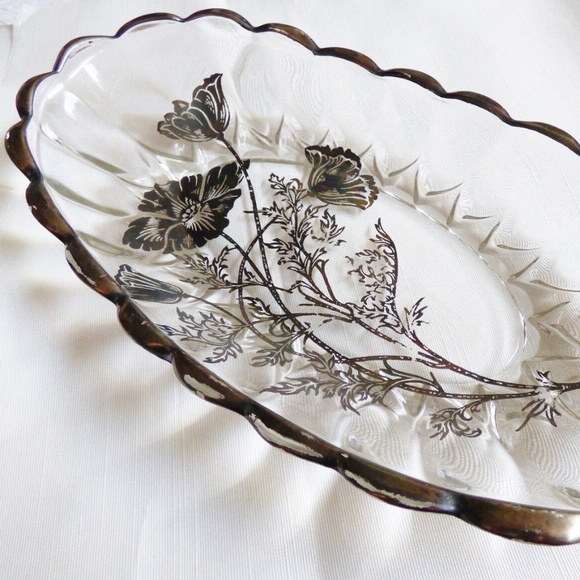 VTG STERLING SILVER CITY ON CLEAR CRYSTAL FLANDERS FLOWERS OVAL BOWL PLATE DISH - Picture 7 of 7